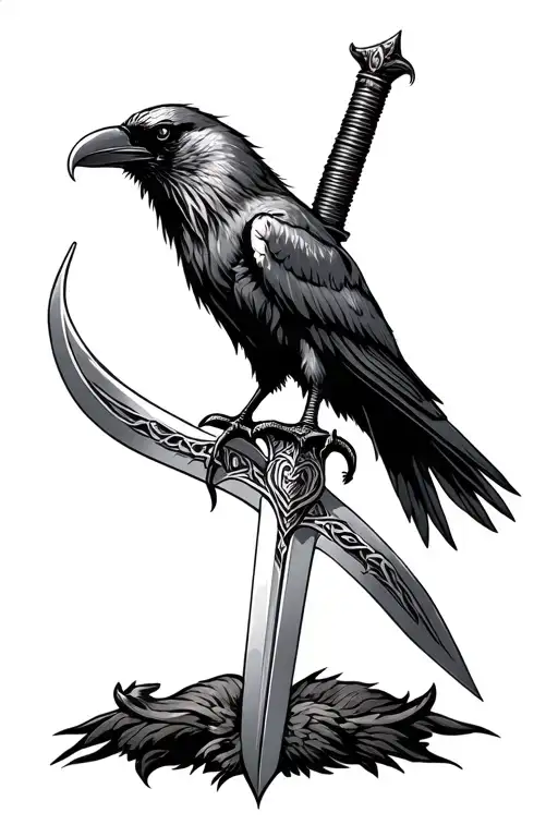 Viking Sword And Raven Perched