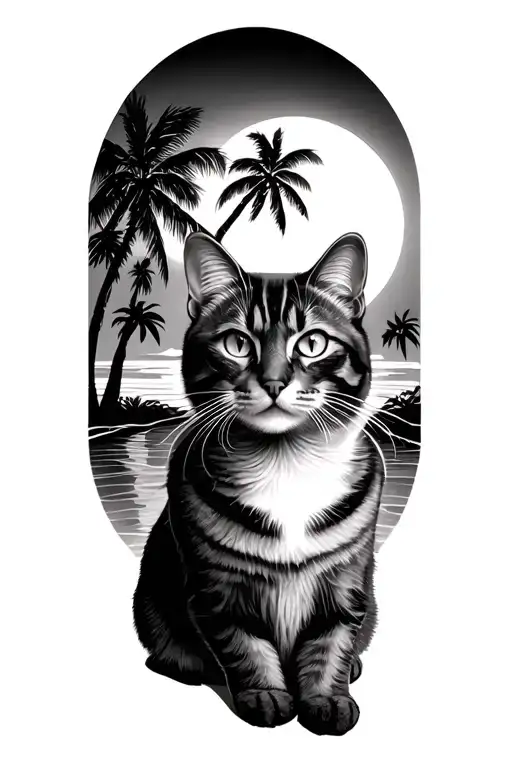 Cat Looking At Sun Set With Palm Trees