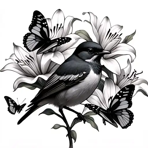 A Mocking Bird Surrounded With Lilies And 3 Butterflies Landing On The Petals Of The Flowers