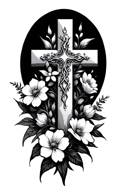 Cross Surrounded By Flowers With Lines Connecting Various