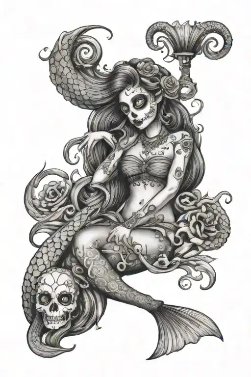 Day Of Dead Mermaid With Salmon And An Octopus