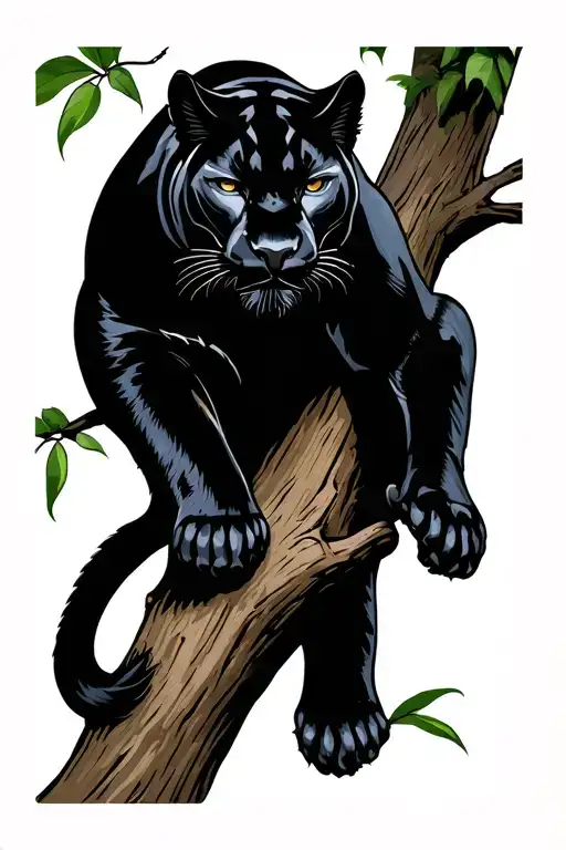 Black Panther Lazing Horizontally On Tree Branch With Leg And Tail Hanging Down