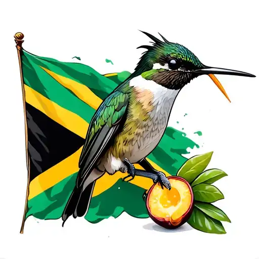 Doctor Hummingbird Sipping From Ackee Fruit With A Jamaican Flag In The Backgroud