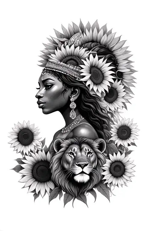 African Goddess Surrounded With Sunflowers That Fades Down Into A Lion Surrounded By Sunflowers