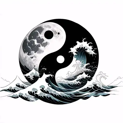 Ying Yang As Moon Hoverinh Over Taunami Waves With Mitains In Back