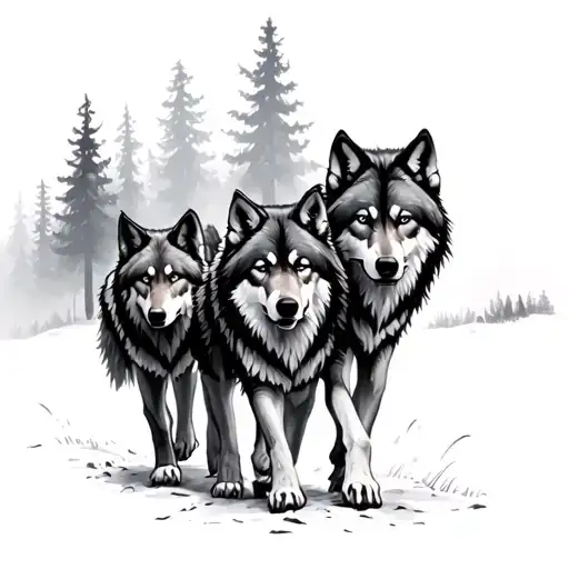 Three Wolves Walking Together Out A Forest