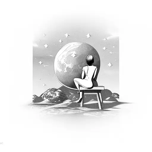 Woman Sat On Moon Looking At Solar System