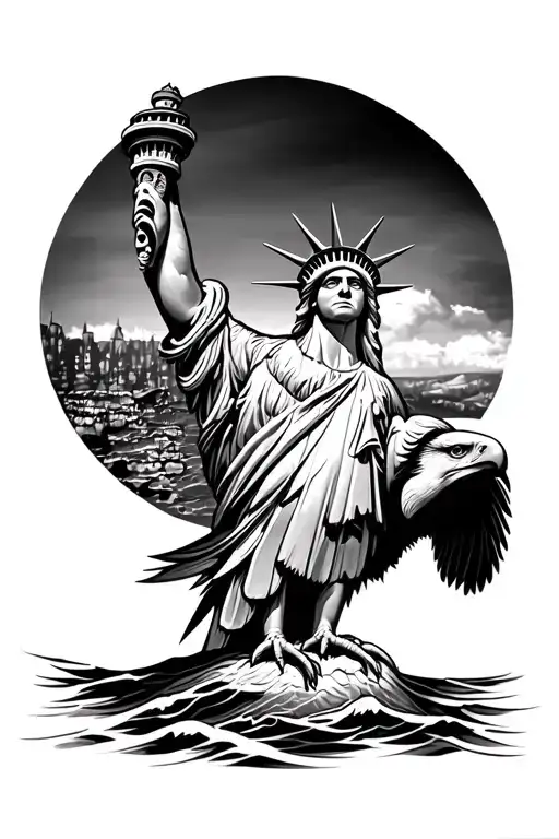 Sea Eagle And Totem Pole And Statue Of Liberty