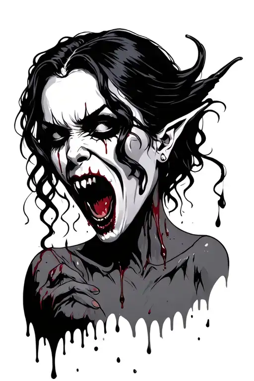 Female Vampire With Open Mouth Dripping Blood About To Bite