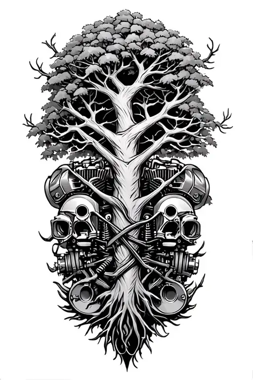 Tree Of Life Intertwined With V Twin Engine