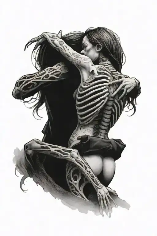 Skeleton Standing Hugging Alive Woman