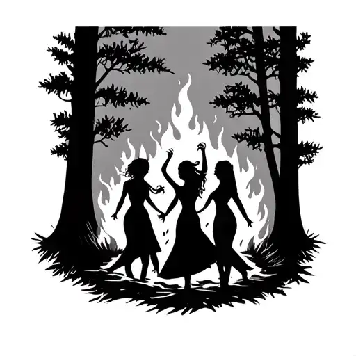 Women's Silhouettes Dancing Around Fire In A Black Forest