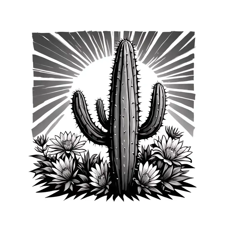 Cactus With Flowers And Setting Sun With Rays Coming