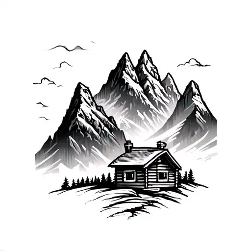 Mountain Range With Cabin Below