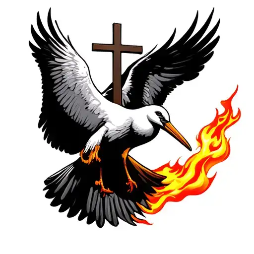 A Flying Stork Holding A Cross On Fire Flames