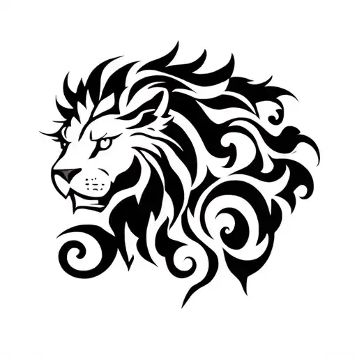 Design A Simple Tribal Tattoo For Chest And Right Arm With A Lion And Swirls