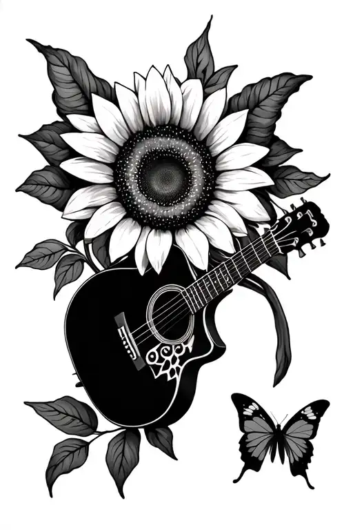 Half Sunflower Half Butterfly With Acoustic Guitar
