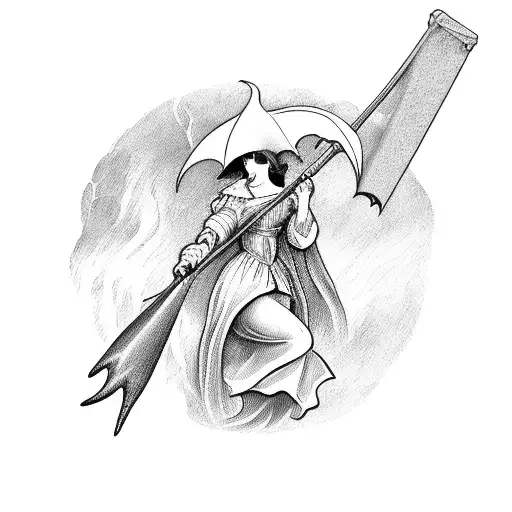 A French Painting-inspired Scene Of A Witch Flying Over A Stormy Ocean On A Broomstick