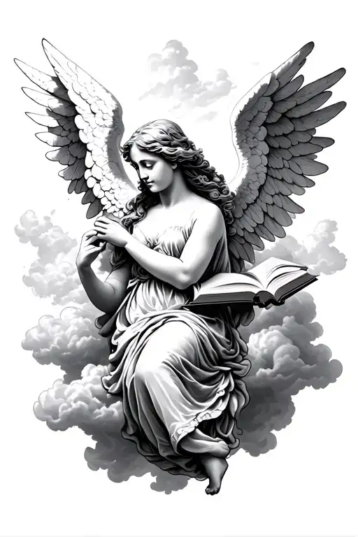 Angel With Book Floating In Clouds Realistic