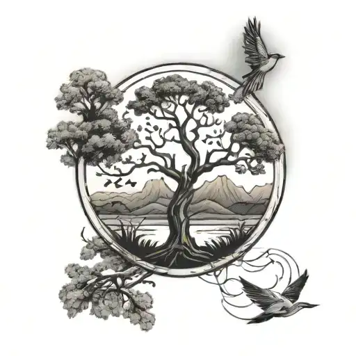 Oak Tree In Circle With Mountains Behind And Birds Flying Off