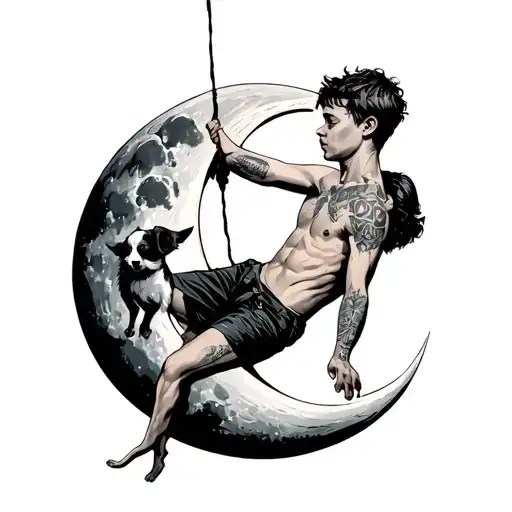 Boy Hanging From Man In The Moon Holding A Dog Wearing