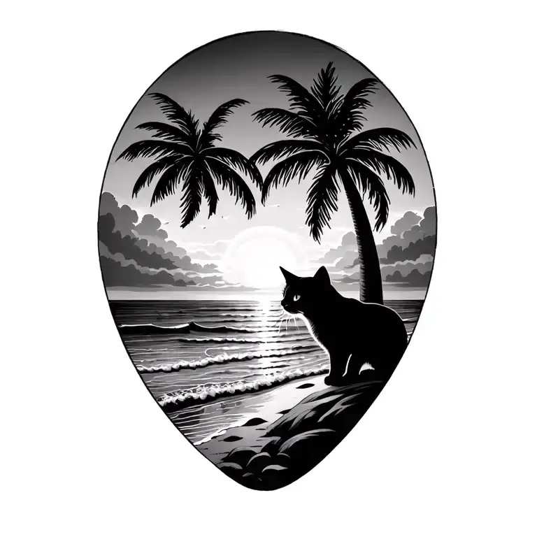 Palm Trees With Cat On The Beach Look At Sun Setting
