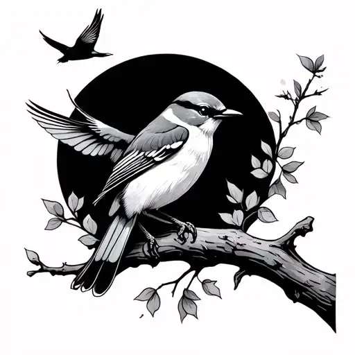 Bird On A Branch With One Flying Away