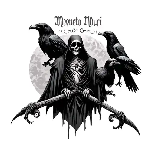 Grim Reaper With Memento Mori Letters And Ravens