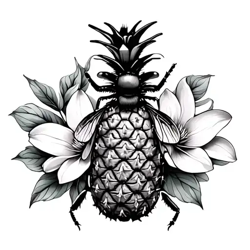 Bee With Pineapple And Magnolia Flower And Valentines Day