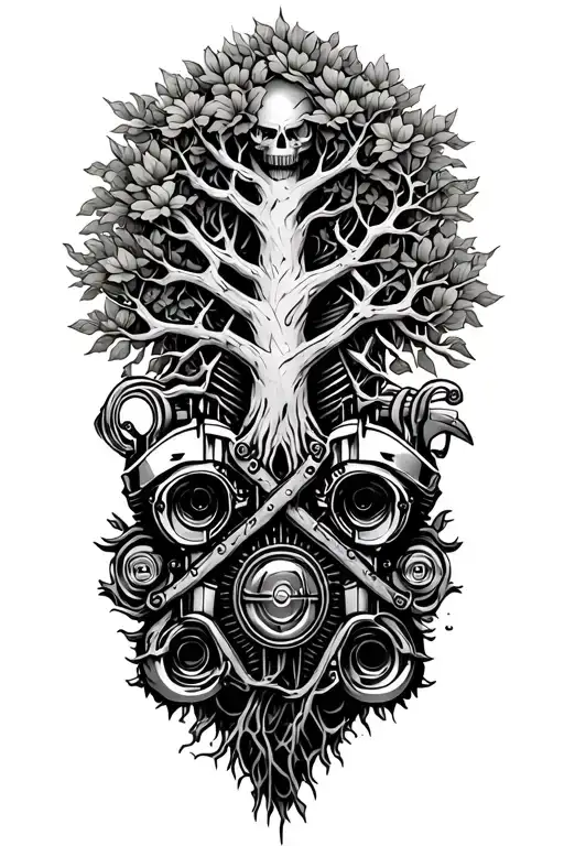 Tree Of Life Intertwined With V Twin Engine