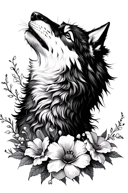 Wolf Howling Flowers Surrounding