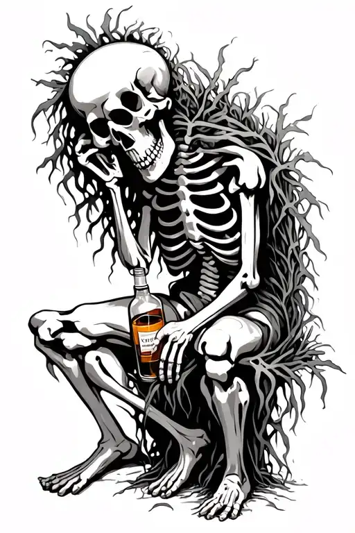 Depressed Sitting Skeleton Wrapped In Sea Weed Holding A Bottle Of Whiskey