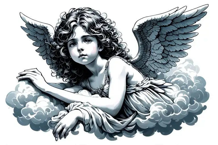 A Teenage Angel With Fanned Hair Resting On Clouds With One Arm Forward