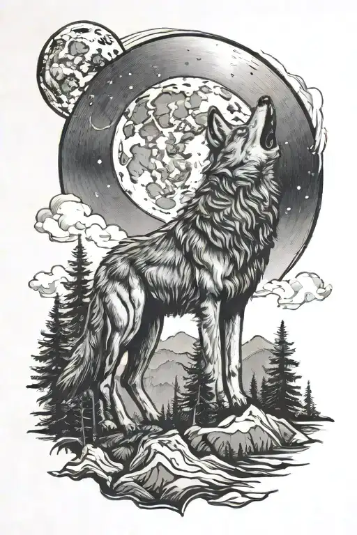 Wolf Howling At Moon Mountains Trees