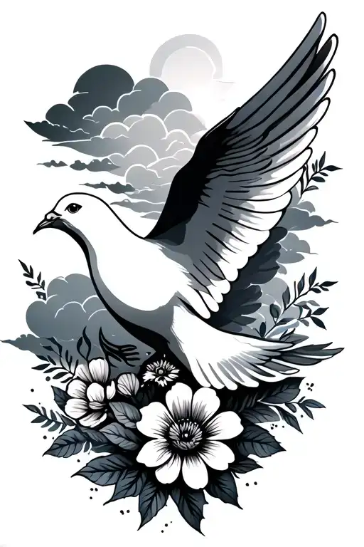 Dove Tattoo With Clouds And Flowers