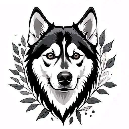 Husky Dog Head With Leaves Underneath