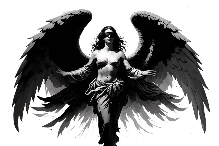 Ascending Beautiful Woman Angel Blind Folded With Wings Spread With Obstruct Background
