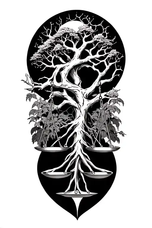 Spooky Tree Of Life Intertwined With Libra Scale And V-twin Engine