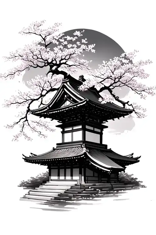 Japanese Temple With Cherry Blossom Tree
