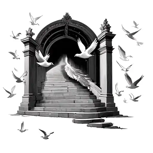 Heaven Gates Doves Flying Around It And Staircase Coming Up