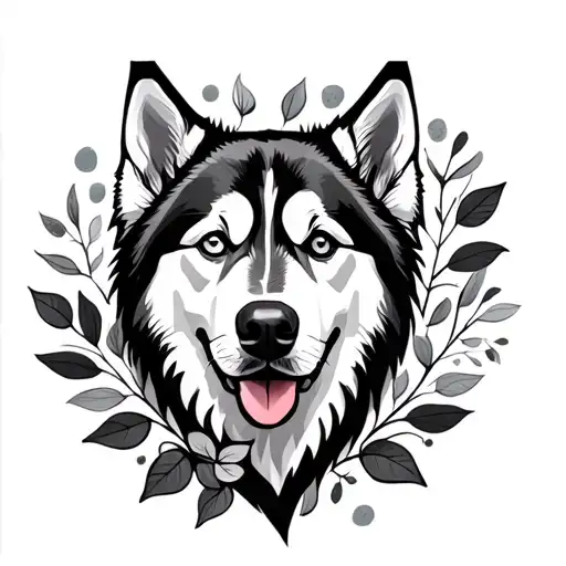 Husky Dog Head With Leaves Underneath