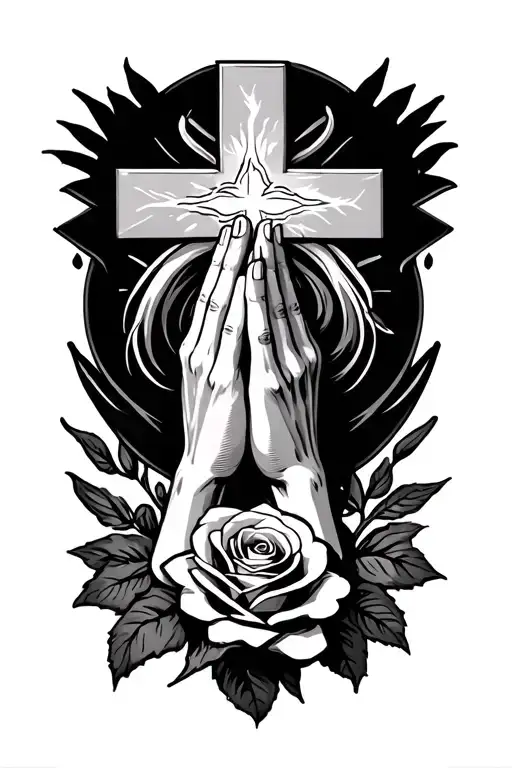 Praying Hands With Cross Surronded And A Rose