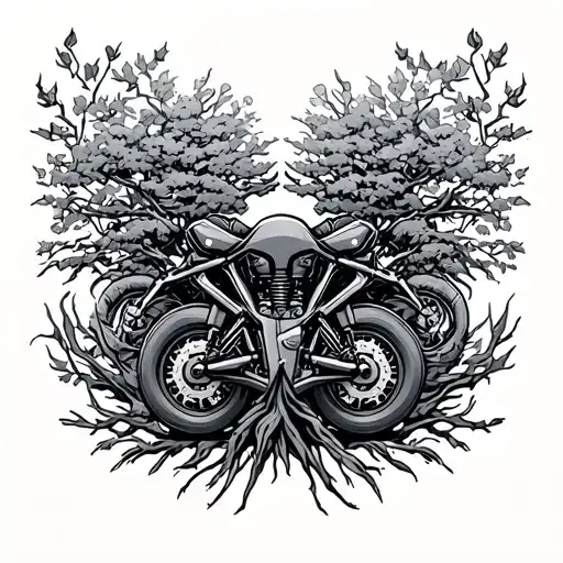Vtwin Motor Intertwined With Tree Growing