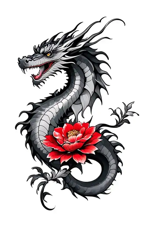 Dragon With Red Flower Blooming