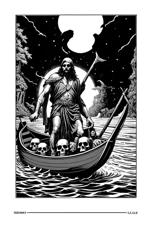 Charon Crossing The River Styx With Souls Coming Up Out Of The Water With Skulls On His Boat