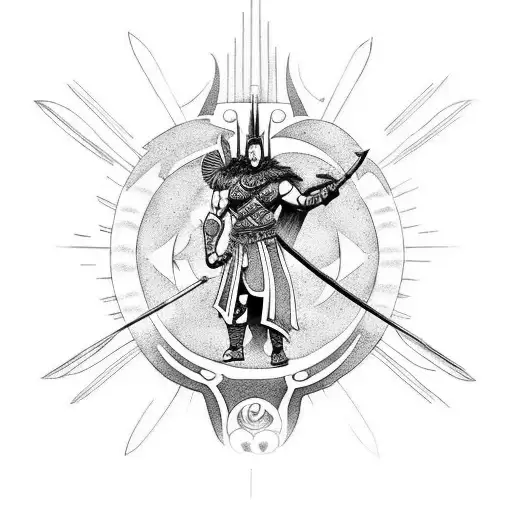 A Norse Mythology-inspired Tattoo Of A Warrior With A Sun And Moon Background