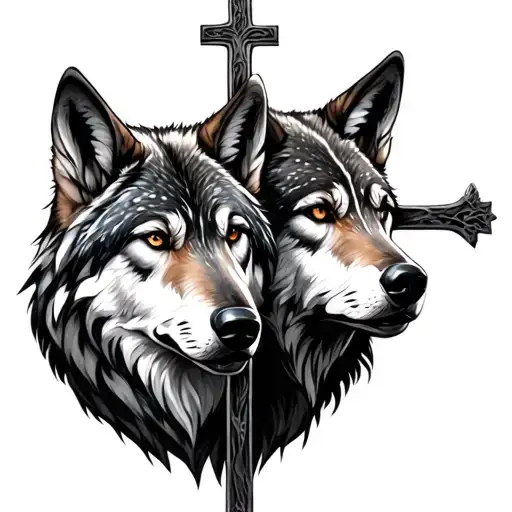 Cross And Wolfs Head In A Night Forest Scene