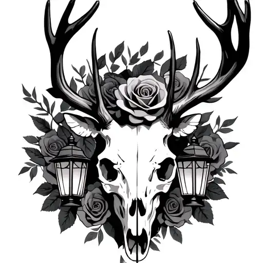 Deer Skull With Roses And Lanterns
