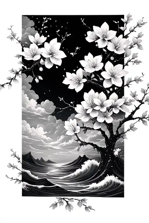 Cherry Blossoms Clouds Waves