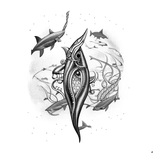 An Intricate Blackwork Tattoo Of A Fishing Hook Entangled With Seaweed And Surrounded By Sharks